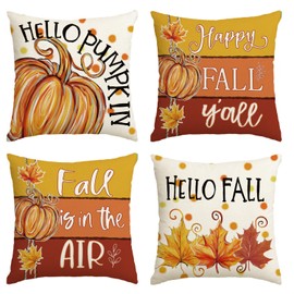 AVOIN colorlife Happy Fall Y'all Pumpkin Maple Leaves Pillow Covers, 18 x 18 Inch Fall is in The Air Seasonal Thanksgiving Harvest Cushion Case Decoration for Sofa Couch Set of 4