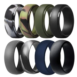 Anillo de boda de silicona para hombres, bandas de boda de goma transpirable para Crossfit Pesca Caza-Paquete de 8 (camuflaje, azul marino, verde oliva, gris oscuro, negro, talla 13 – (22,2 mm)