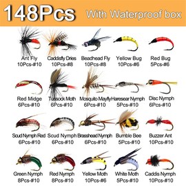 OutdoorFishing Fly Fishing Flies Kit Fly Assortment Trout Bass Fishing with Fly Box, 33/48/72/100/114/148pcs with Dry/Wet Flies, Nymphs, Streamers, Popper (148Pcs/Box)