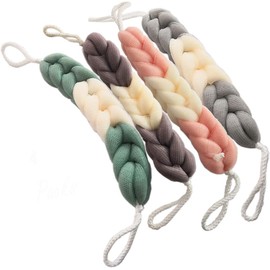 AARainbow - 4 paquetes de esponjas largas elásticas con asas de cuerda, esponja exfoliante para la espalda, esponja de baño y ducha, esponja exfoliante corporal, esponja trenzada elástica para hombres y mujeres (B-1 gris+1 verde+1 rosa+1 café)