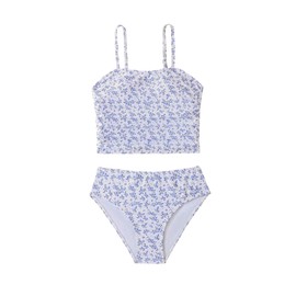 SOLY HUX Girl's Summer Swimwear Spaghetti Strap Tankini Set Cut High Waist Bathing Suits Light Blue Floral 10Y