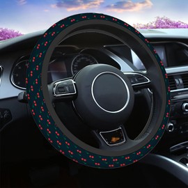 Swono Red Cherry Steering Wheel Cover,Red Cherry with Green Leaves On Dark Background Breathable Auto Car Steering Wheel Cushion Case for Men Universal 15 Inch Steering Wheel Protection