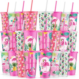 Cholemy 24 Pcs 24 oz Flamingo Plastic Cups with Lids and Straws Flamingo Party Favors Reusable Drinking Tumblers Bulk for Juice Water Coffee Tea Birthday Party Supplies