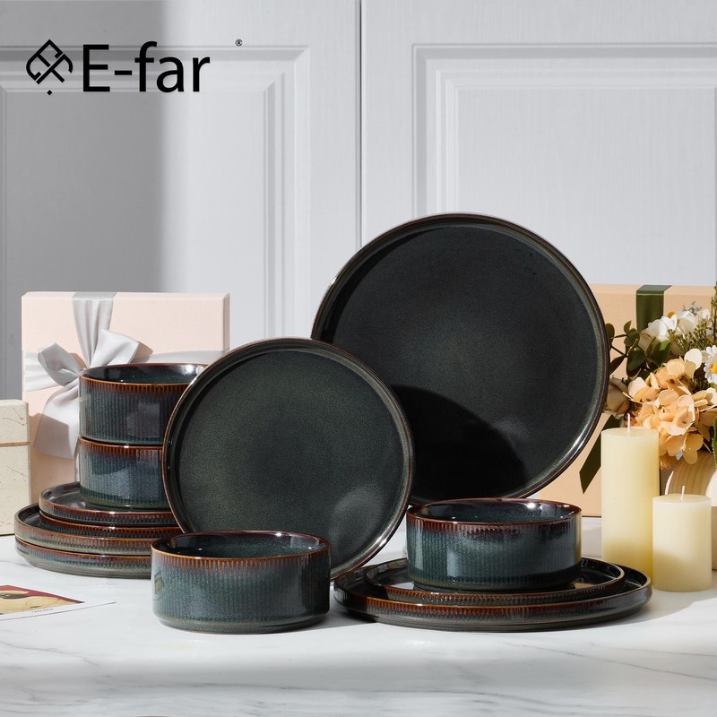 E-far Stoneware Dinnerware Sets, 18-Pieces Modern Plates and Bowls Sets,