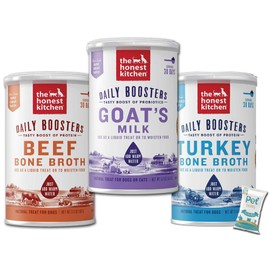 The Honest Kitchen (3 Pack) Probiotic Goat's Milk, Beef Bone Broth and Turkey Bone Broth Pet Food for Cats and Dog with 10ct Pet Faves Wipes