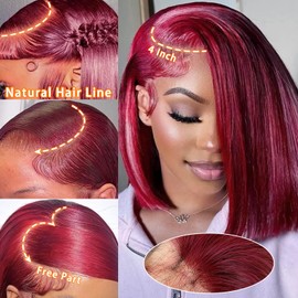 99j Burgundy Bob Wig Human Hair 13x4 Lace Front Wigs 10 Inch Short Straight Wine Red Bob Wig Pre Plucked 180% Density Natural Hairline Wigs for Black Women