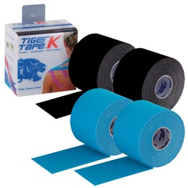 TIGERTAPES - Tiger K Tape Pack of 4 Black & Blue - Kinesiology Tape Uncut Roll Elastic Therapeutic Muscle Support Tape for Exercise, Sports & Injury Recovery - Water Resistant, Hypoallergenic