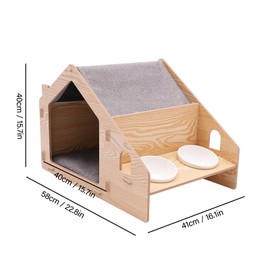 Cat House Wood Pet House Cat Cave with Mat & 2 Cat Bowls Condo Stool,Indoor Cat House/Cat Condo,Cube House for Cats and Small Dogs