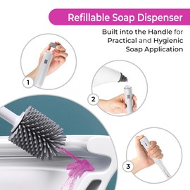 HUUS Toilet Bowl Brush and Holder Set with 5.1fl oz Refillable Soap Dispenser - Soft & Flexible Silicone Head Toilet Scrubber for deep Cleaning of Bathrooms, Toilets and Basins