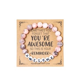 COLORFUL BLING Natural Healing Stone You’re Awesome Beaded Strand Adjustable Bracelet with Meaningful Card Inspirational for Women Jewelry Gifts Wristbands Faith Christmas Birthday-Pink