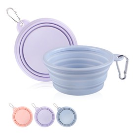 Collapsible Dog Bowls 2-Pack, Portable Travel Dog Bowl with Carabiner, Food-Grade Silicone Pet Bowl for Hiking, Walking (22 OZ Macaron Blue and Violet)