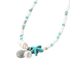 Sea shell necklace, rice beads adjustable braided collarbone chain blue
