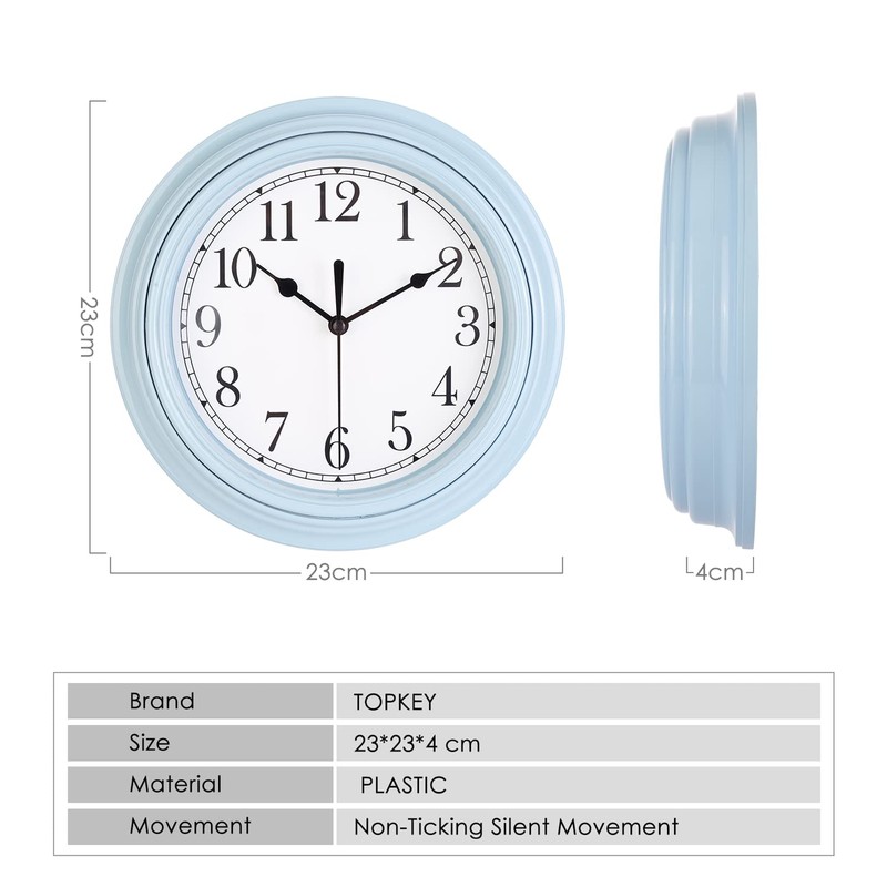 Topkey Silent Wall Clock Kitchen 9 Inch Retro Non-ticking Decorative