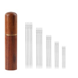 Dinghaole 25pcs Stainless Steel Easy Threading Sewing Needles - Self Threading Needles Large Eye Embroidery Hand Needles with Wooden Needle case Case Sewing Projects (5 Sizes)