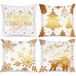 Lanpn White and Gold 40x40 Christmas Pillow Covers Set of 4, Decorative 40 cm Navy Winter Snowflake Throw Pillow Case Xmas Cushion Cover for Indoor House Sofa Gold