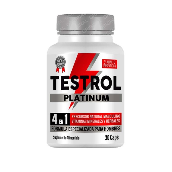 Testrol Platinum Vitaminas para hombre 4 en 1. Fórmula innovadora diseñada para mejorar el rendimiento másculino, la salud y una nutrición muscular óptimas. Bote con 30 cápsulas Testrol.