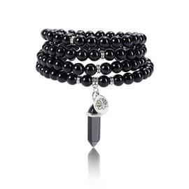 Jovivi 108 Mala Beads Bracelet 8mm Natural Black Obsidian Healing Crystal Stone Mala Prayer Bead Necklace Hexagonal Prism Gemstone Reiki Pointed Pendant for Yoga Meditation Energy Balancing