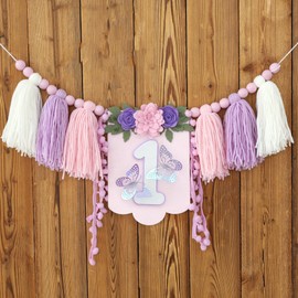 DCJHFJ Handmade Butterfly Wildflower 1st Birthday High Chair Banner Purple Pink Floral Theme Party Decoration For Girls Wall Hangings Decorative