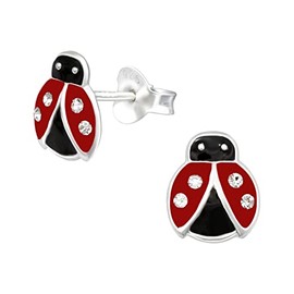 Ladybird Earrings with Crystal Stones - 925 Sterling Silver