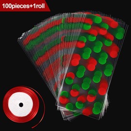 100 Pieces Christmas Cellophane Treat Bags Red and Green Polka Dot Cello Bags Plastic OPP Candy Bags with Ribbon for Christmas Party Supplies