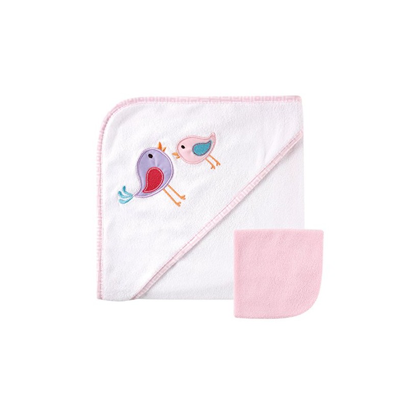 Luvable Friends Unisex Baby Hooded Towel and Washcloth, Pink Bird,