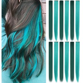 Fcysws Colored Clip in Hair Extensions 21 Inch Heat-Resistant Synthetic straight Hair Extensions for Women Girls Gift Multi-Colors Party Highlights Clip in Synthetic Hairpiece 12PCS (Dark green,Teal)