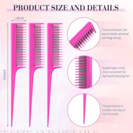 Leinuosen 3 Pcs Triple Teasing Comb for Women Plastic Rat Tail Comb Heat Resistant Pintail Tease Layer Tool for Thick Fine Hair Styling Backcombing Volume Structure(Pink)