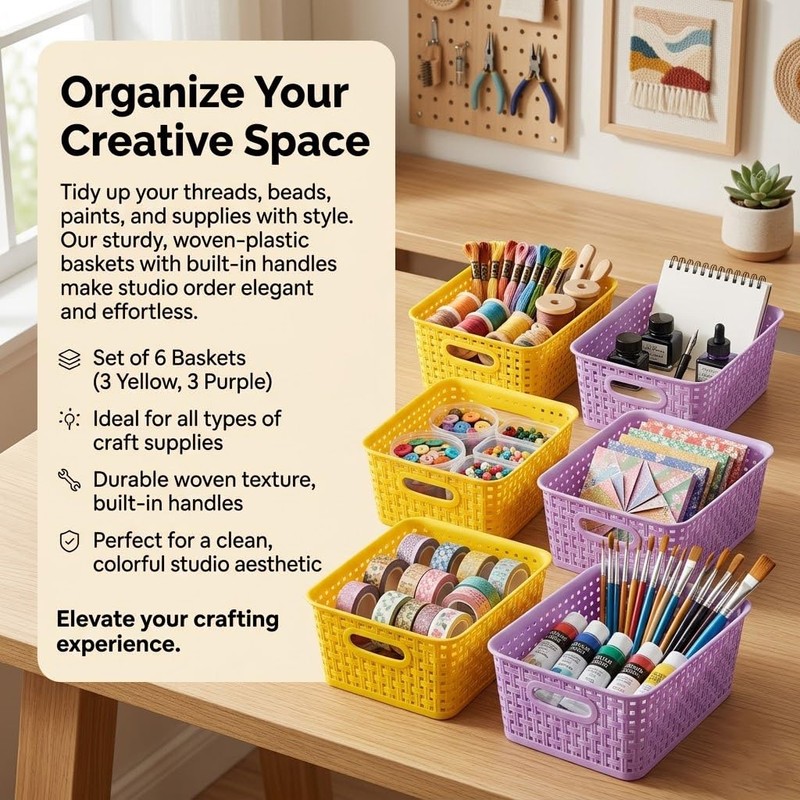 Small Plastic Baskets 6-Pack, Open Storage Weave Baskets Mixed Color,