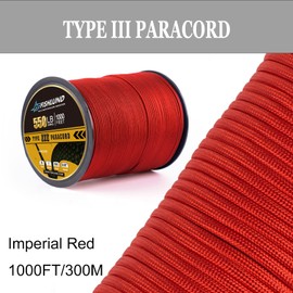 FISHLUND Paracord 550 lb, 7 Strand Type III Paracord Rope 1000ft 4mm, High Strength Nylon Parachute Cord for Camping, Survival, Tactical and Hiking, Imperial Red