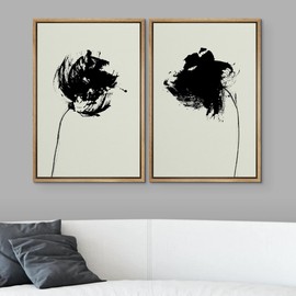 SIGNWIN Framed Canvas Print Wall Art Set Black Minimal Paint Stroke Botanical Floral Flower Nature Plants Illustrations Modern Art Decorative for Living Room, Bedroom, Office - 16"x24"x2 Natural