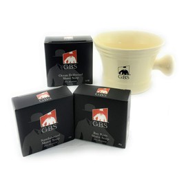 G.B.S Men's Ceramic Shaving Mug with Knob Handle and Pack of 3 Natural Soaps