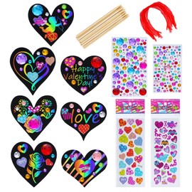 Yymobt 30 Set Scratch Paper Hearts Valentine Crafts Scratch Paper Ornament DIY Colorful Heart Stickers Round Diamond Stickers Heart Scratch Paper Card Red Ribbon Wooden Pens Valentine’s Day Gifts