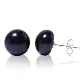 10mm Grade AAA+ Freshwater Cultured Pearl Stud Earrings in 925 Sterling Silver – Cream White, Pink, Lavender, and Black Variations (Black)