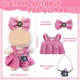 Doll Clothes Set for 17cm Plush Dolls – Tweed Dress, Bow & Mini Bag – Doll Outfit Doll Accessories Gifts – Fits Bunny Plush Toys – For Girls & Boys (Pink)