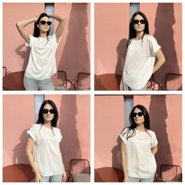 Beyove Womens Rolled Short Sleeve Silk Shirts Round Neck Summer Casual Satin Blouse Tops White M