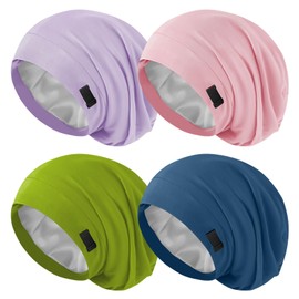 4Pcs Silk Satin Lined Sleep Cap Bonnets for Women Men, Adjustable Satin Bonnet for Sleeping Hair Wrap Slouchy Beanie Hat for Curly Hair and Braids(Color 04)