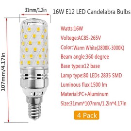 E12 LED Corn Bulbs 16W LED Candelabra Bulb (4 Pack) 3000K Warm White 80 LEDs 2835 SMD 1500LM 120W Incandescent Equivalent Decorative Candle Base E12 Corn LED Chandelier Bulbs,AC85-265V