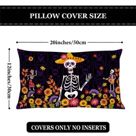 FARMNALL Day of The Dead Pillow Covers Dia De Los Muertos Sugar Skull Flower Throw Pillow Covers 12x20 Set of 2 Day of The Dead Deocr Pillow Case Mexican Fiesta Decorations and Supplies