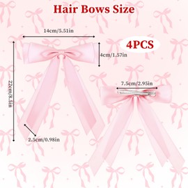 4PCS Silky Pink Hair Bow, Ribbon Hair Bows for Girls Women with Long Tails, Satin Clips Ties Pink Solid Satin Polyester Ponytail Holder Decor Accessories for Girls Women Daily and Party Wear