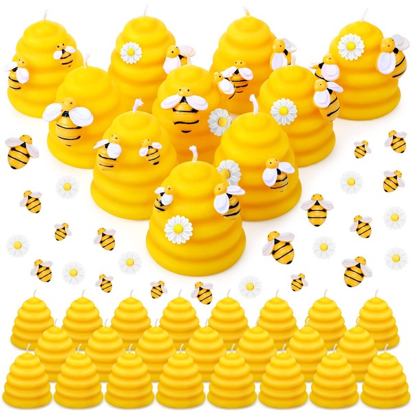 Amyhill 96 Pcs Beeswax Candle Set Includes 24 Pcs Beehive Votive Candles, 48 Pcs Little Resin Fake Bees, 24 Pcs White Daisy Bee Themed Gift for Home Shower Party Favors Decor