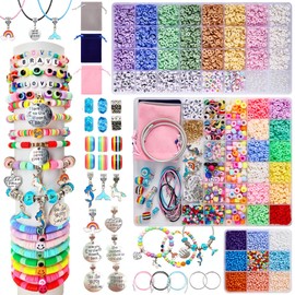 Lukovee Kit de Hacer Pulseras para Niñas, 10900PCS Cuentas de Pony para Hacer Collares Bisutería Manualidades, DIY Cuentas Planas de Arcilla para Pulseras con Colgantes/Letras, Regalos de Navidad Niña