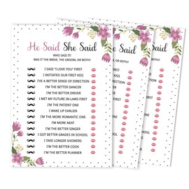 Inkdotpot 50-Pack He Said She Said Cards For Couples Floral Funny Rehearsal Dinner Who said it Question Bridal Shower Engagement Party Game Ideas