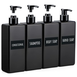 Segbeauty Soap Dispenser, Black, 500 ml, Set of 4 Plastic Pump Bottles for Filling, Includes Bathroom Waterproof Labels, Empty Dispenser for Shampoo, Lotion, Conditioner, Body Soap, Hand Soap