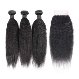 SINGLE BEST Kinky Straight Human Hair 3 Bundles with 4x4 closure Yaki Straight Human Hair Weave Bundles 100% Unprocessed Brazilian Kinky Straight Human Hair Bundles Natural Black 888+8 Inch