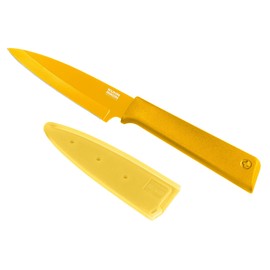 KUHN RIKON Colori+ Non-Stick Straight Paring Knife with Safety Sheath, 4 inch/10.16 cm Blade, Yellow