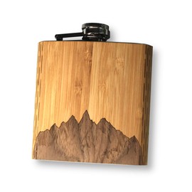 WUDN 6 oz. Wooden Hip Flask - Stainless Steel Body, Sawtooth Mountains Bamboo Sky