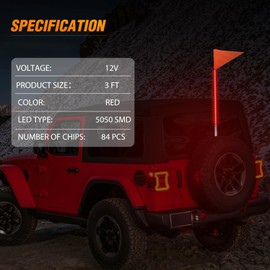 Nilight 1PCS 3FT LED Whip Light with Aluminum Base Red Color Safety Warning Pole Lighted Antenna Whips for RZR Polaris Dune Buggy Off-Road Truck UTV ATV