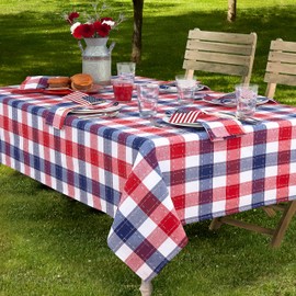 Lintex Home Bargains Plus Country Plaid Americana Rectangle Tablecloth – 60 x 84 Inch Heavyweight Indoor/Outdoor Fabric, Red White and Blue Picnic Table Cover