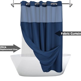 No Hook Slub Textured Shower Curtain with PEVA Liner Set - 71" x 74"(72"), Hotel Style with See Through Top Window, Machine Washable & Water Repellent Fabric, Navy Blue, 71x74