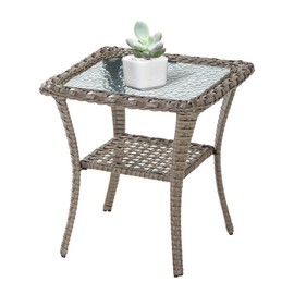 Belord Handwoven Wicker Side Table - 20 Inch Small Outdoor Table 2 Tier Storage with Tempered Glass Top, All Weather Outdoor Patio End Tables for Deck Balcony Outside Gray